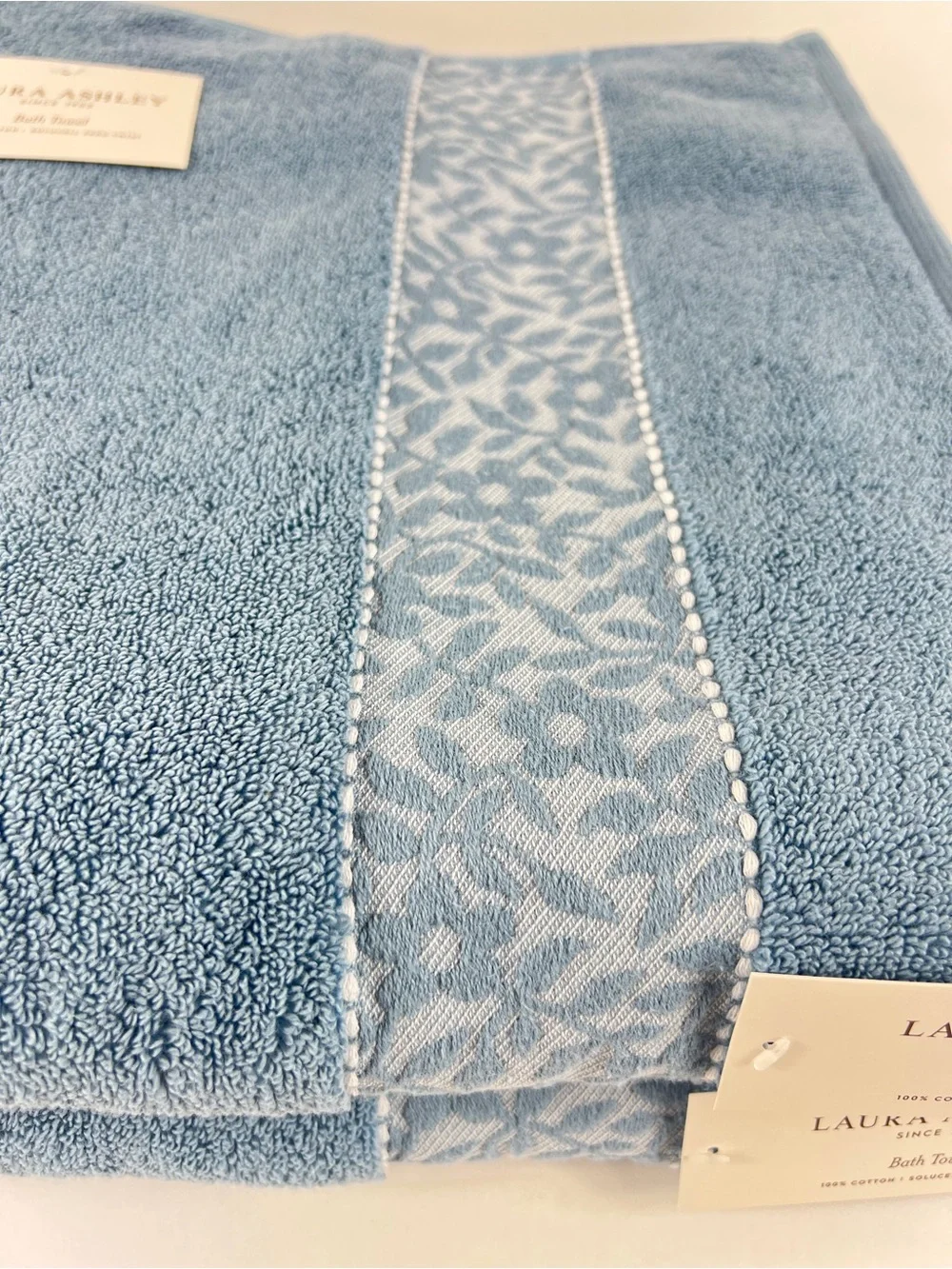 Laura Ashley Bath Towel Set MILLIE Blue with Leaf Trim 100% Cotton 6 Pc NEW